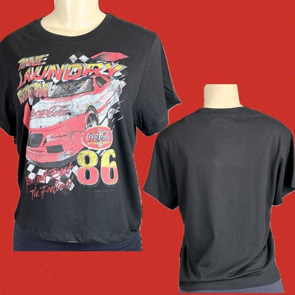 The Laundry Room Coca Cola Racing Car Graphic Tee Black Short Sleeve Crop Jrs M